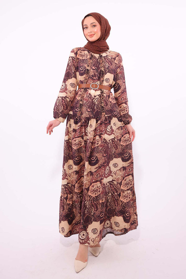 BNG Women Patterned Belted Dress Brown 4830 - Hillsboro