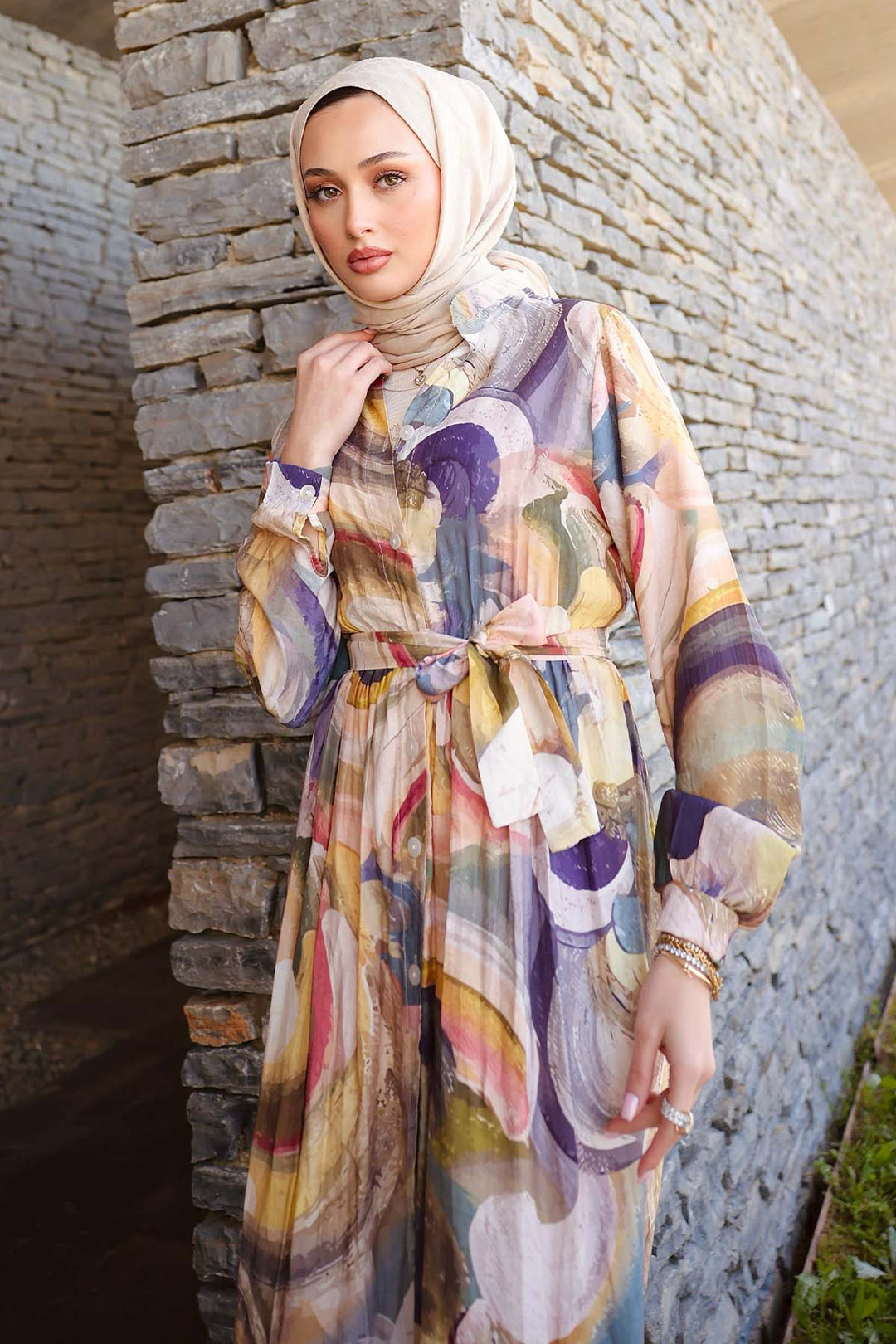 BNG Women Patterned Hijab Dress Khaki 4884 - Almelo