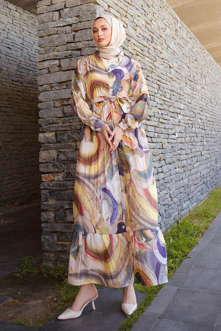 BNG Women Patterned Hijab Dress Khaki 4884 - Almelo