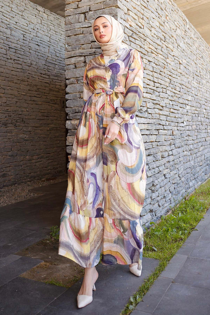 BNG Women Patterned Hijab Dress Khaki 4884 - Almelo