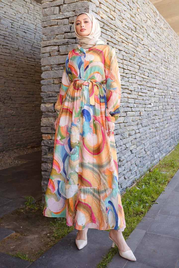 BNG Women Patterned Hijab Dress Mustard 4884 - Clearwater