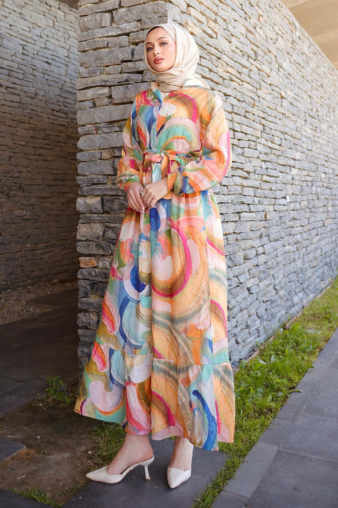 BNG Women Patterned Hijab Dress Mustard 4884 - Clearwater