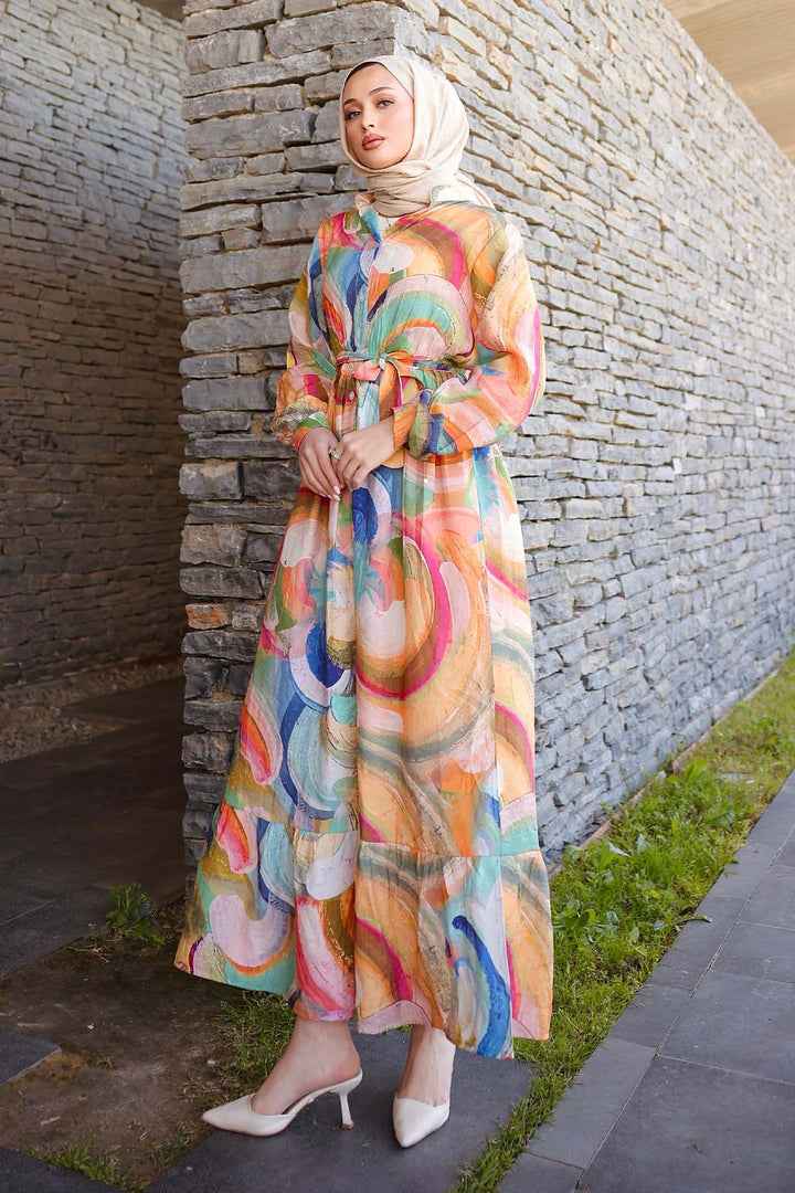 BNG Women Patterned Hijab Dress Mustard 4884 - Clearwater