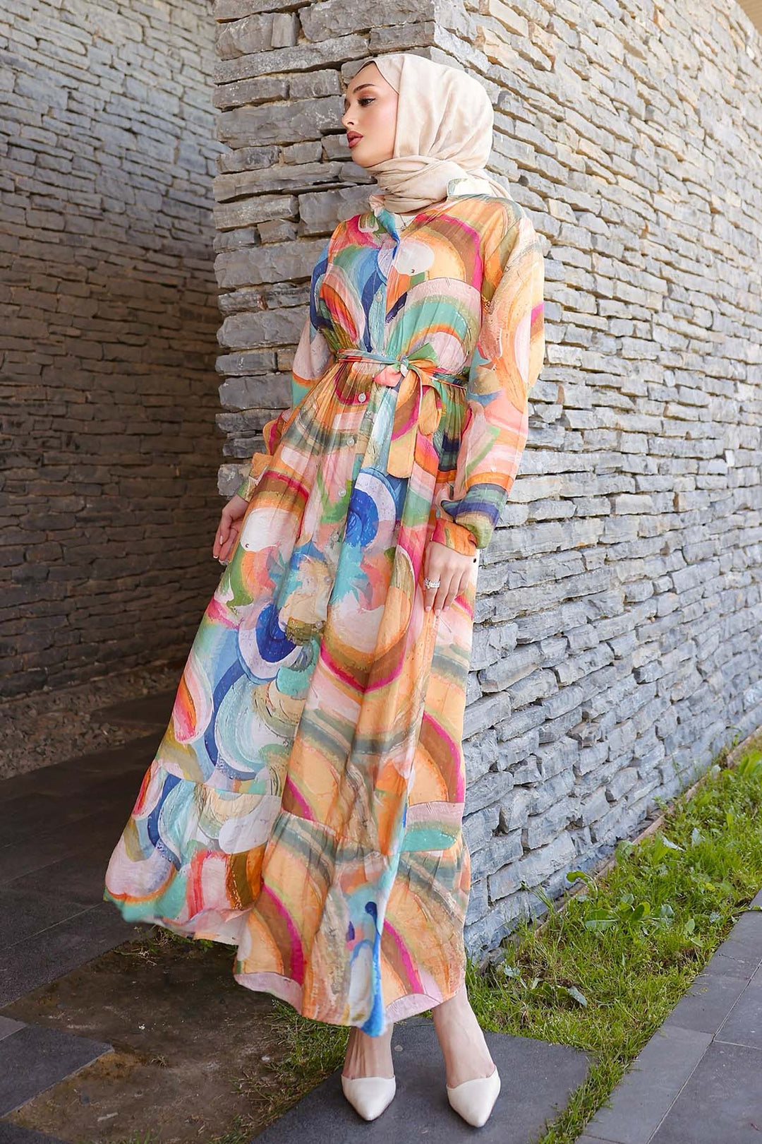 BNG Women Patterned Hijab Dress Mustard 4884 - Clearwater