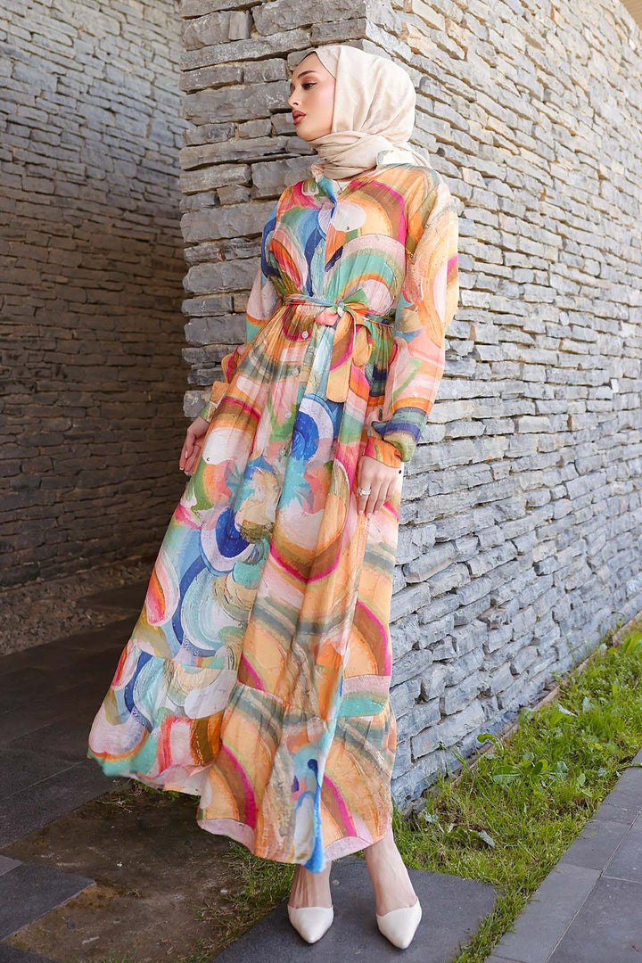 BNG Women Patterned Hijab Dress Mustard 4884 - Clearwater