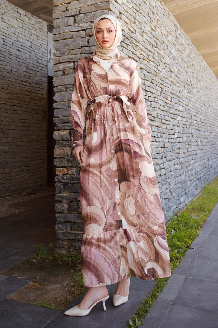 BNG Women Patterned Hijab Dress Brown 4884 - Saratoga Springs