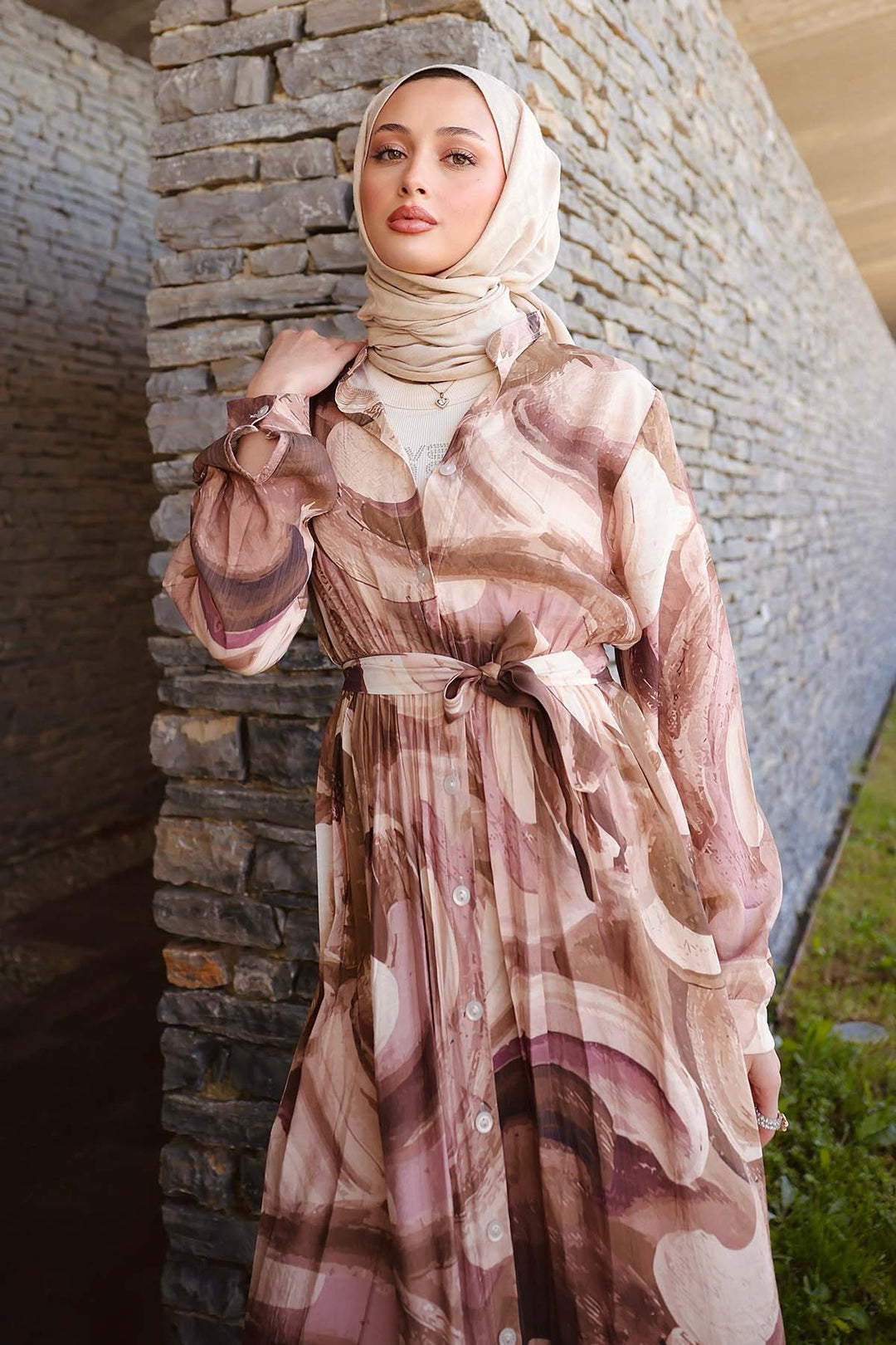 BNG Women Patterned Hijab Dress Brown 4884 - Harrisonburg