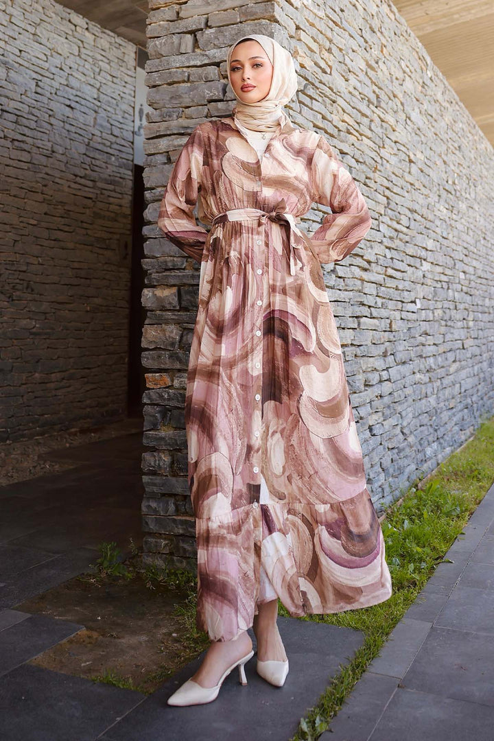 BNG Women Patterned Hijab Dress Brown 4884 - Harrisonburg