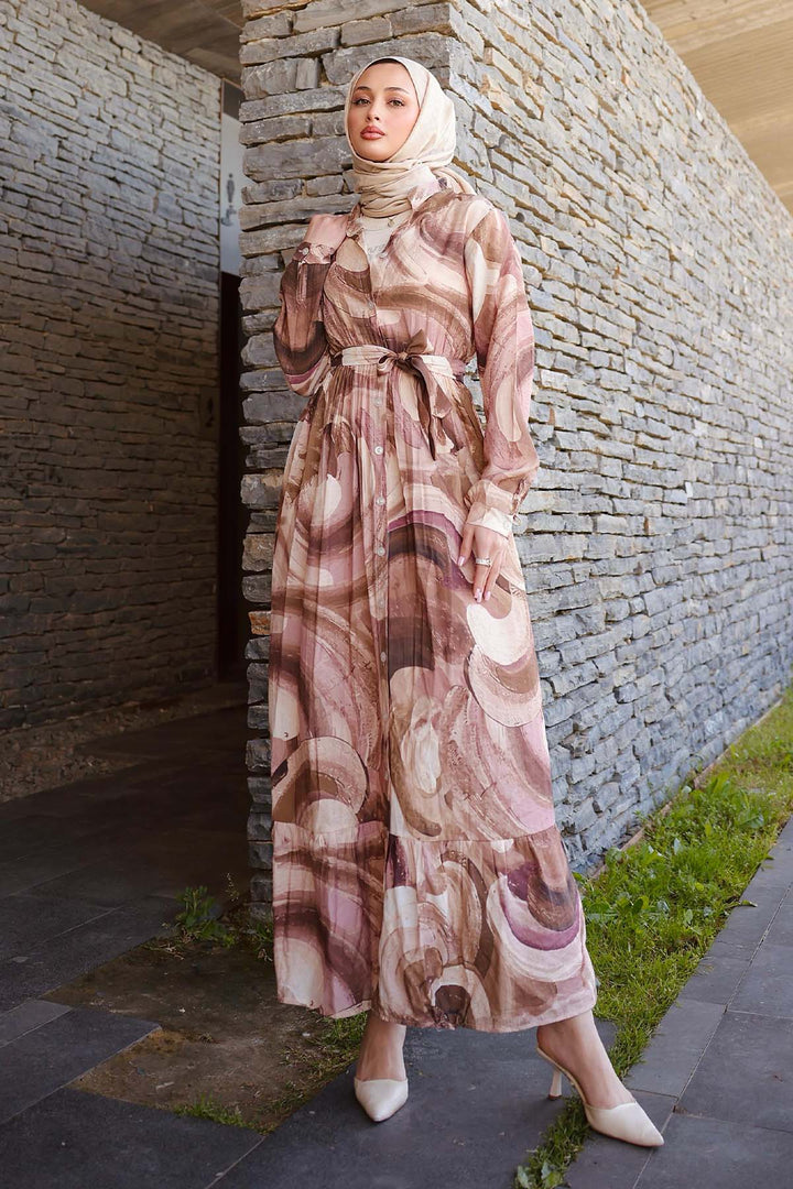 BNG Women Patterned Hijab Dress Brown 4884 - Saratoga Springs