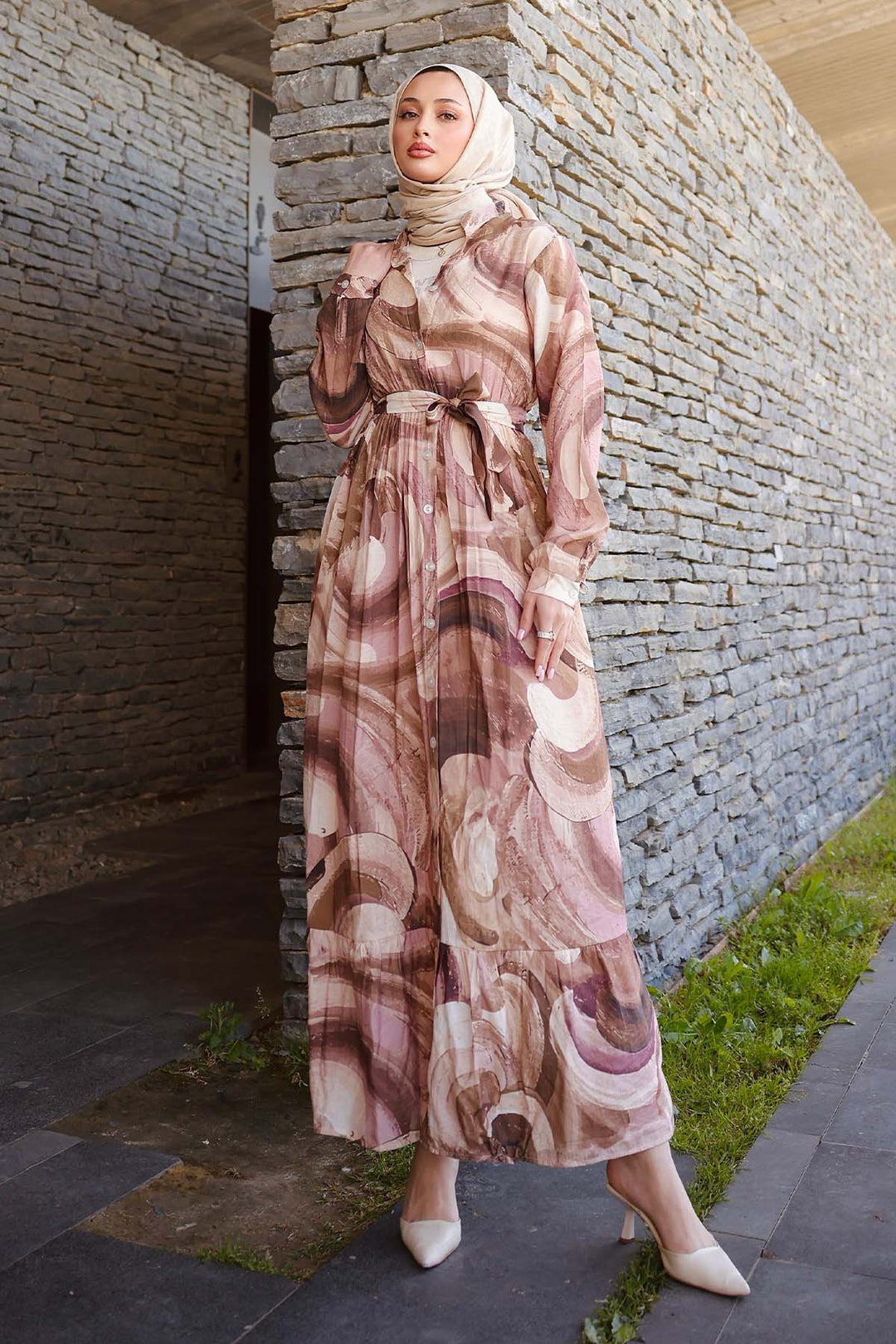 BNG Women Patterned Hijab Dress Brown 4884 - Harrisonburg