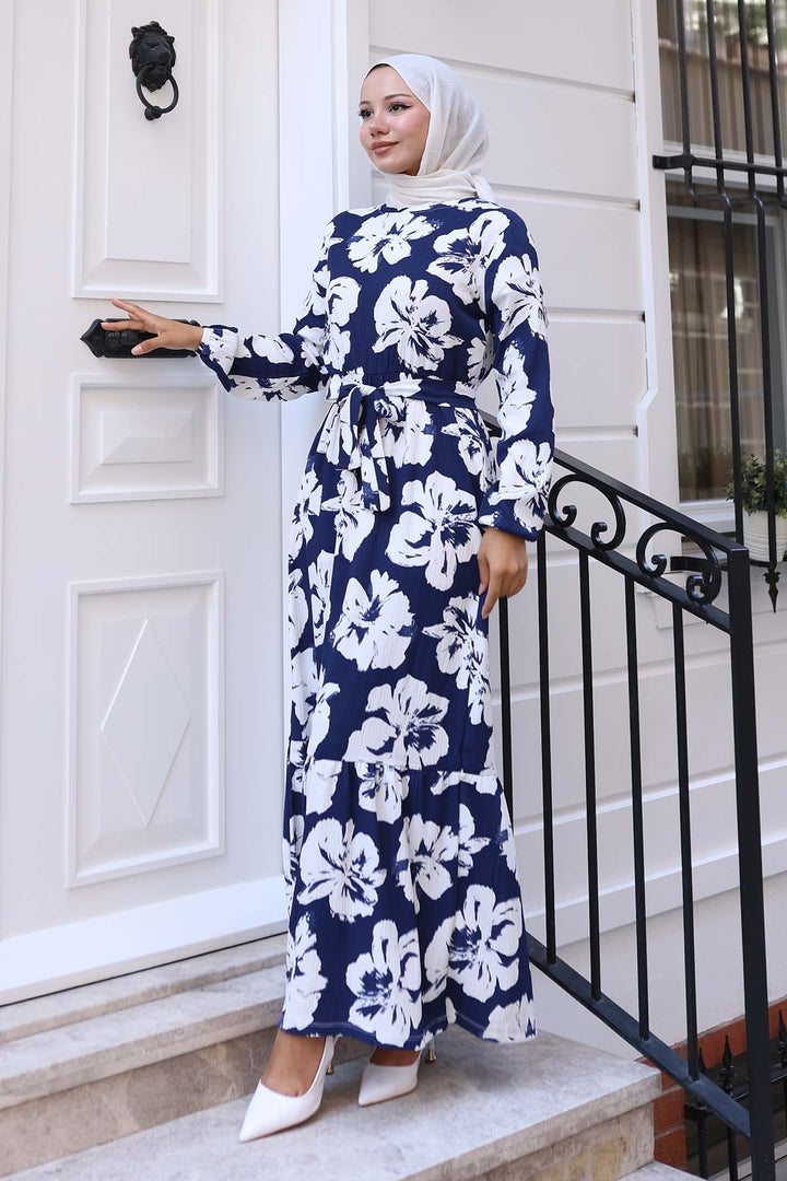 BNG Women Floral Patterned Hijab Dress Navy Blue 4907 - Newcastle