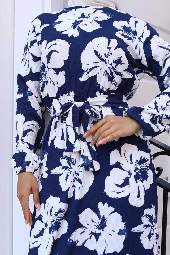 BNG Women Floral Patterned Hijab Dress Navy Blue 4907 - Newcastle