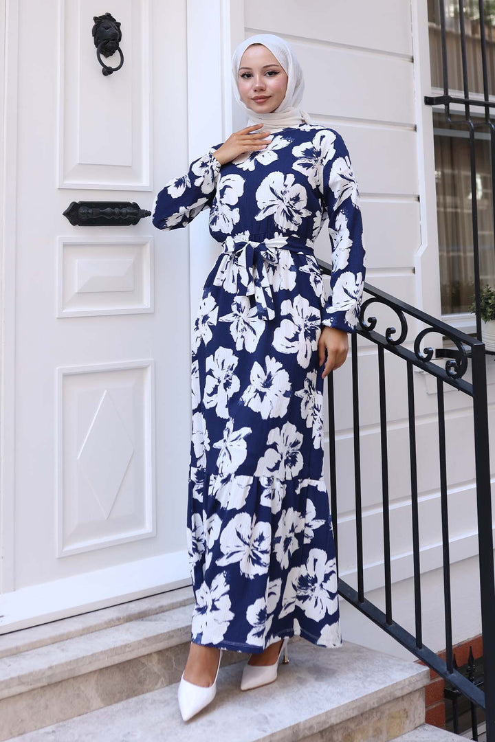 BNG Women Floral Patterned Hijab Dress Navy Blue 4907 - Newcastle