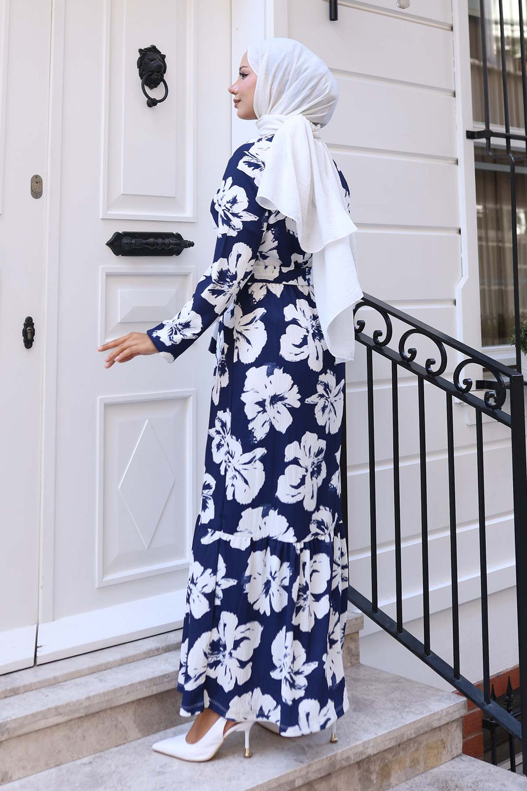 BNG Women Floral Patterned Hijab Dress Navy Blue 4907 - Newcastle