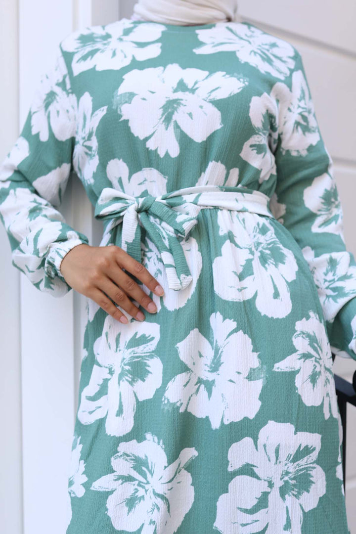 BNG Women Floral Patterned Hijab Dress Mint Green 4907 - Riverton