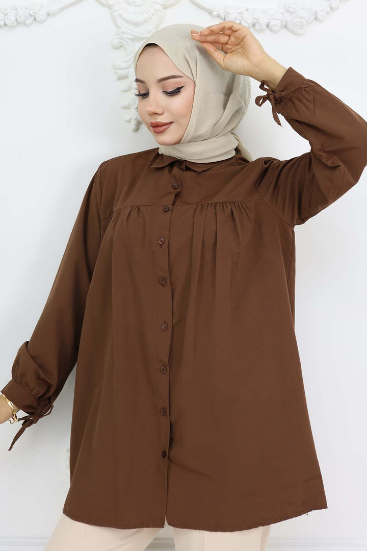 BNG Women Tied Sleeve Modest Shirt Brown 12030 - Yuzhnoukrainsk