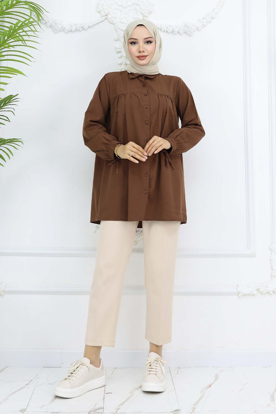 BNG Women Tied Sleeve Modest Shirt Brown 12030 - Yuzhnoukrainsk