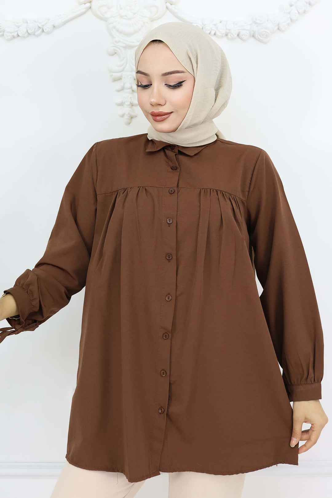 BNG Women Tied Sleeve Modest Shirt Brown 12030 - Yuzhnoukrainsk