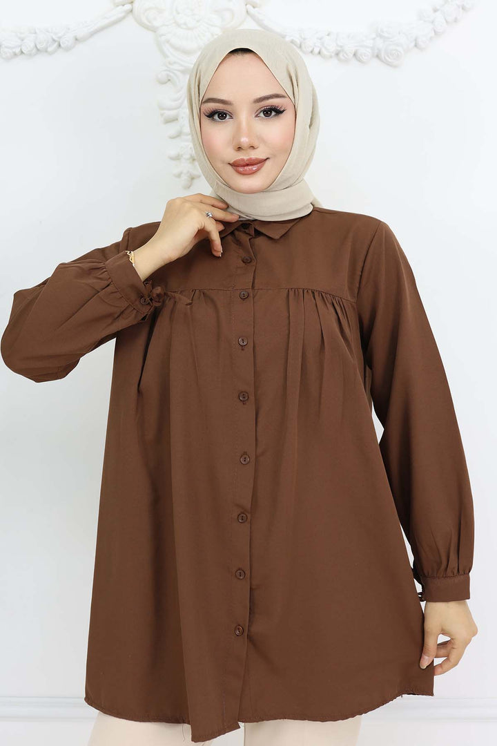 BNG Women Tied Sleeve Modest Shirt Brown 12030 - Yuzhnoukrainsk