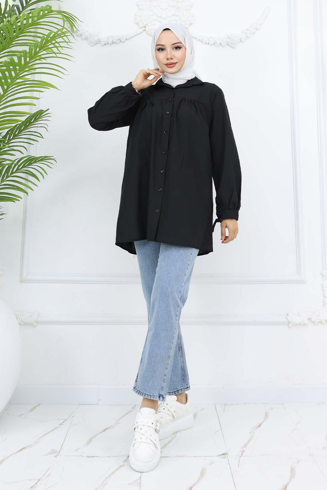 BNG Women Kolları Bağcıklı Tesettür Gömlek Siyah 12030 - Calais