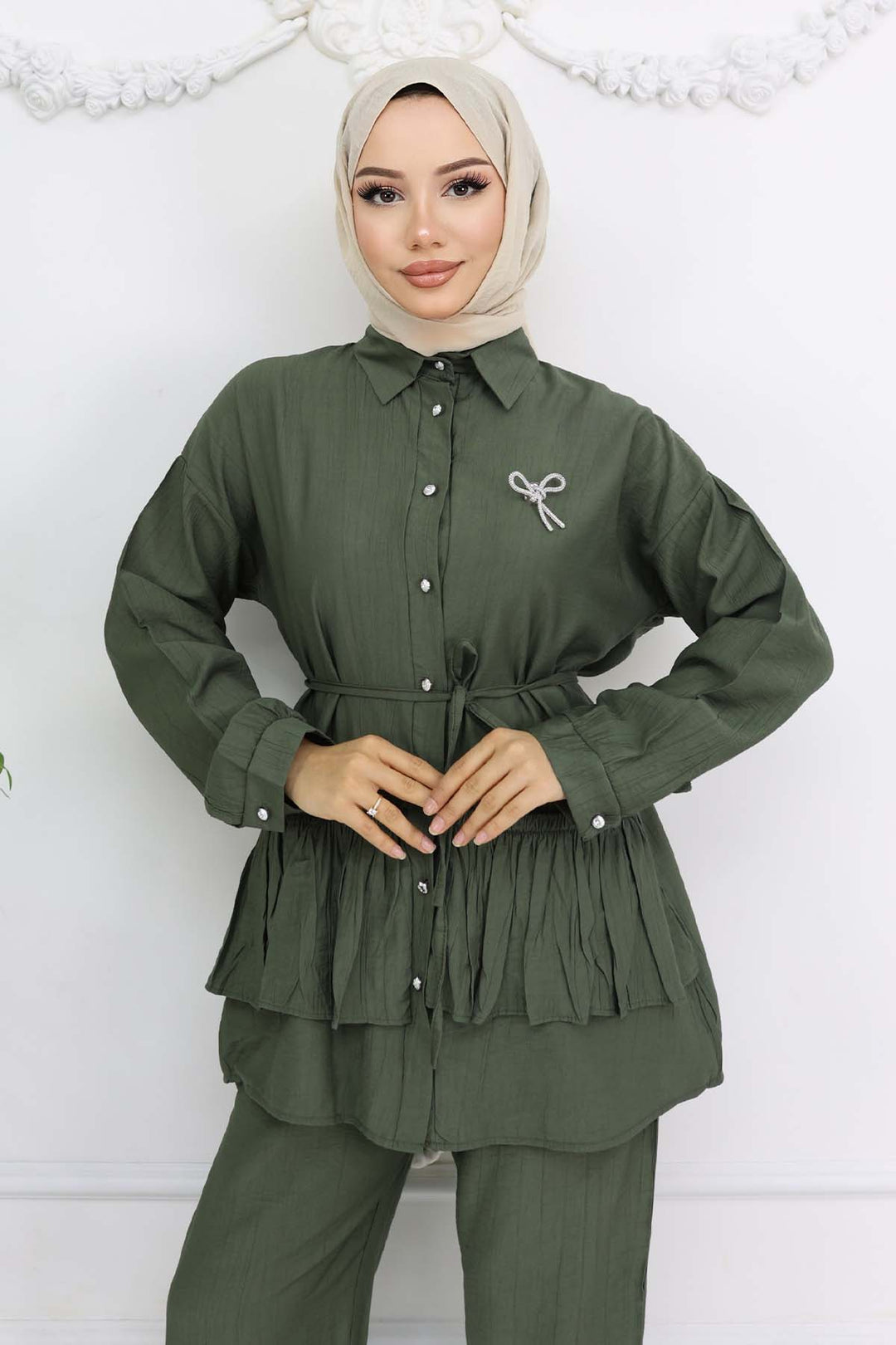 BNG Women Ruffled Brooch Detailed Two-Piece Set Khaki 4793 - Brunswick