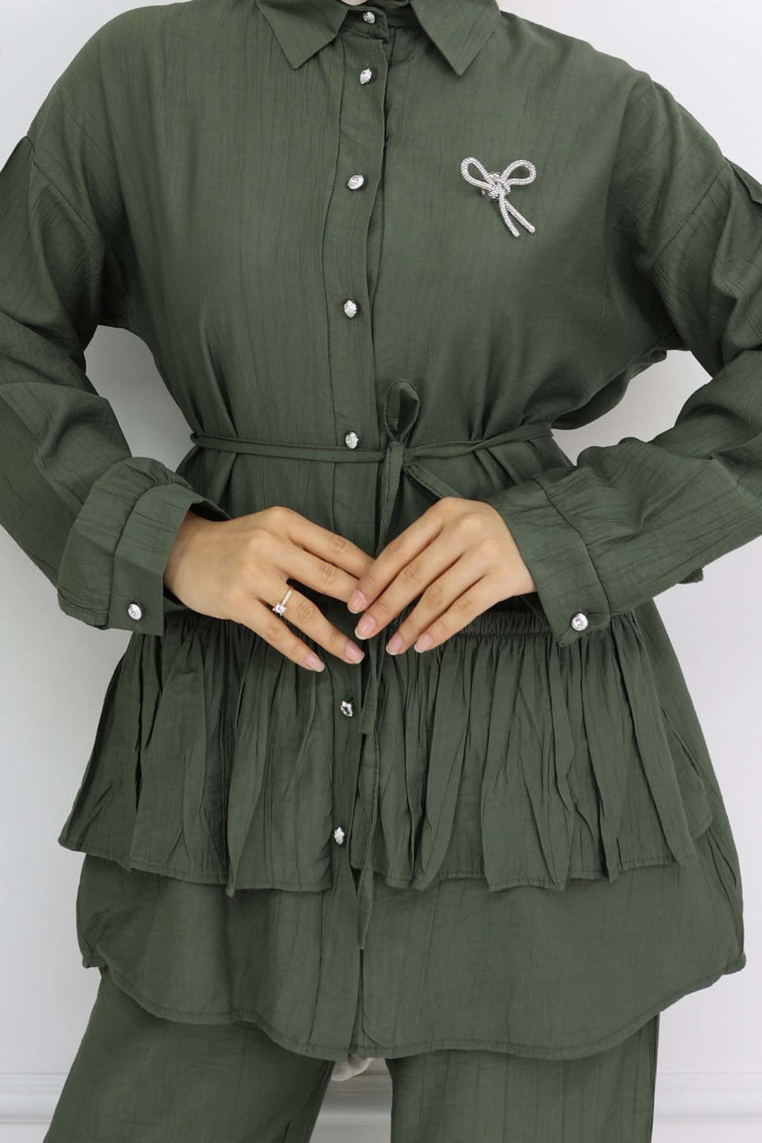 BNG Women Ruffled Brooch Detailed Two-Piece Set Khaki 4793 - Brunswick