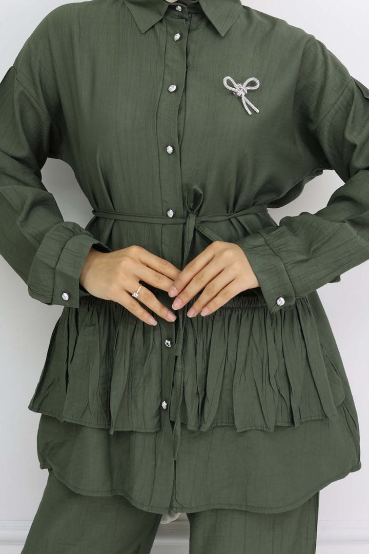 BNG Women Ruffled Brooch Detailed Two-Piece Set Khaki 4793 - Brunswick