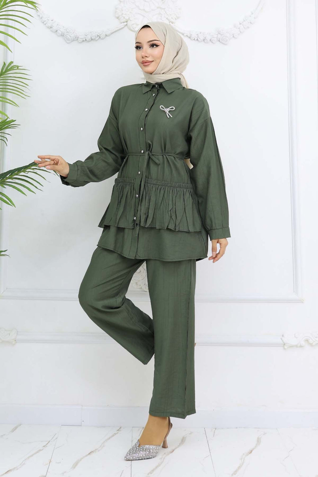 BNG Women Ruffled Brooch Detailed Two-Piece Set Khaki 4793 - Brunswick