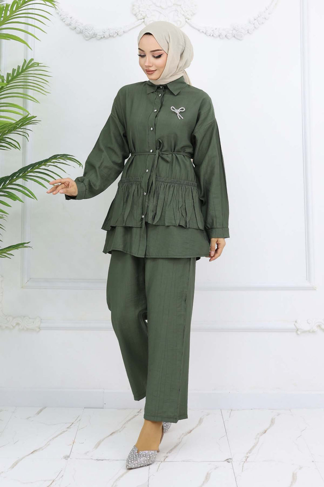 BNG Women Ruffled Brooch Detailed Two-Piece Set Khaki 4793 - Brunswick