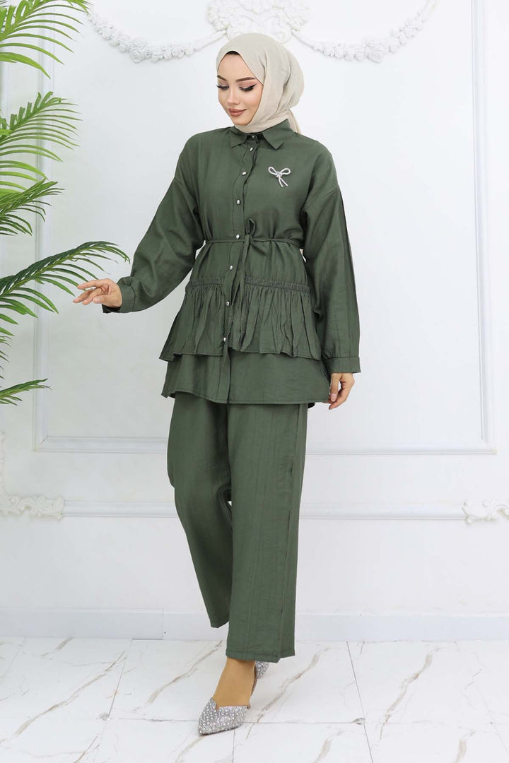 BNG Women Ruffled Brooch Detailed Two-Piece Set Khaki 4793 - Brunswick