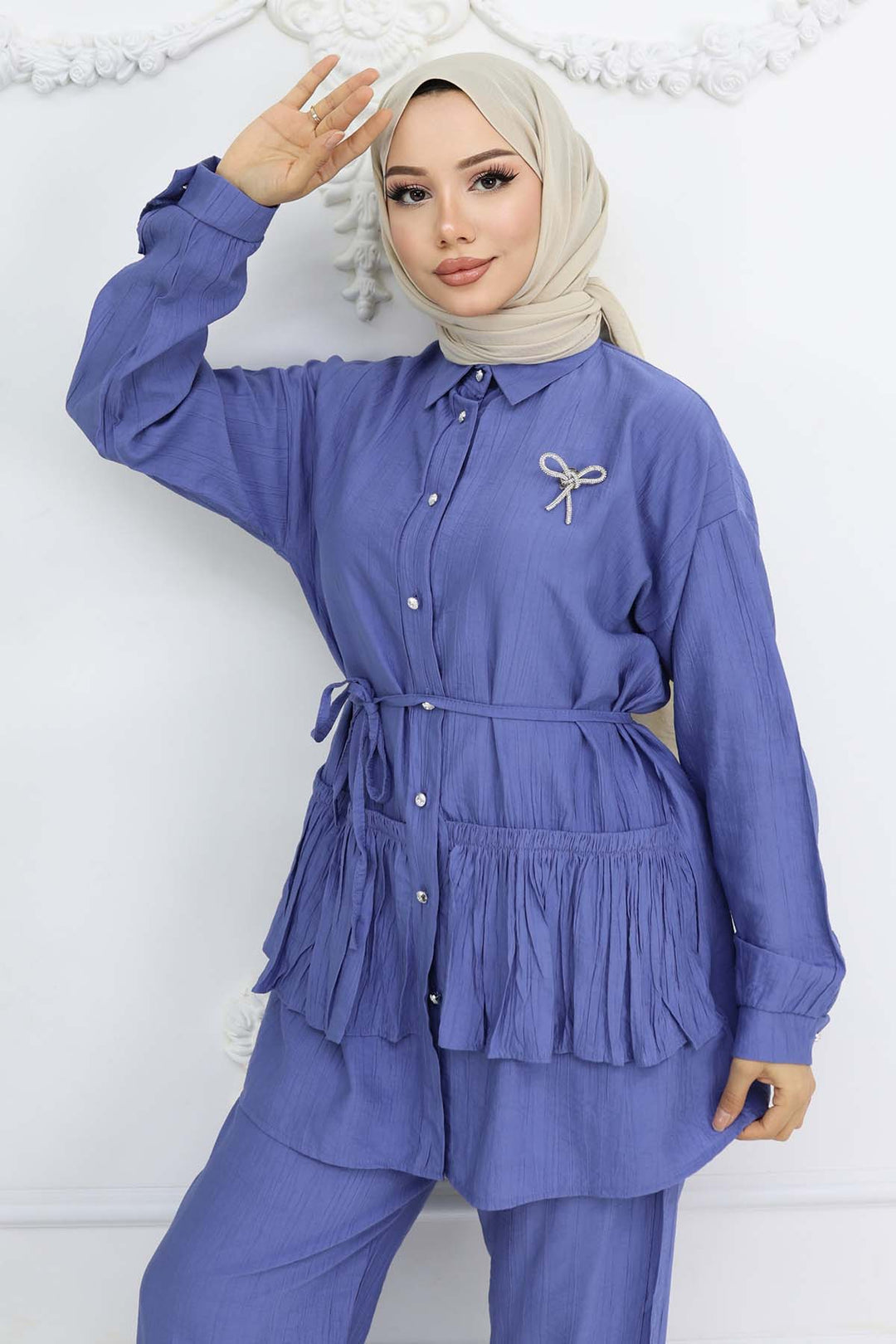 BNG Women Fırfırlı Broş Detaylı İkili Takım İndigo 4793 - Covina