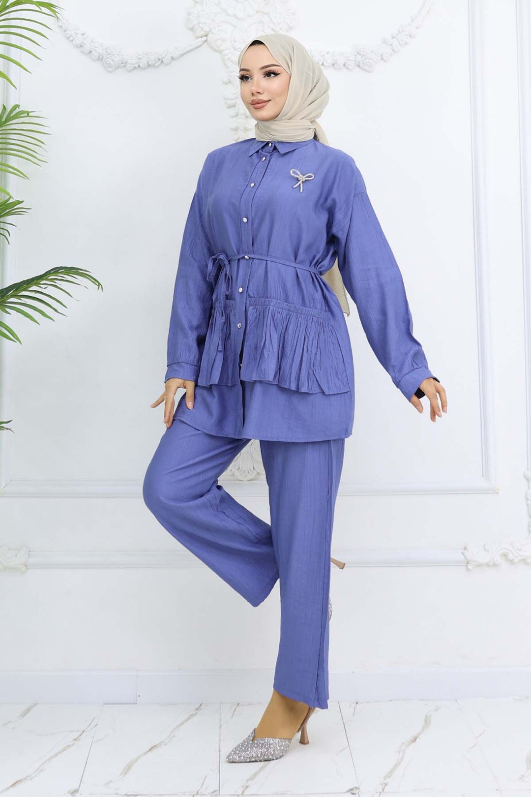 BNG Women Fırfırlı Broş Detaylı İkili Takım İndigo 4793 - Covina