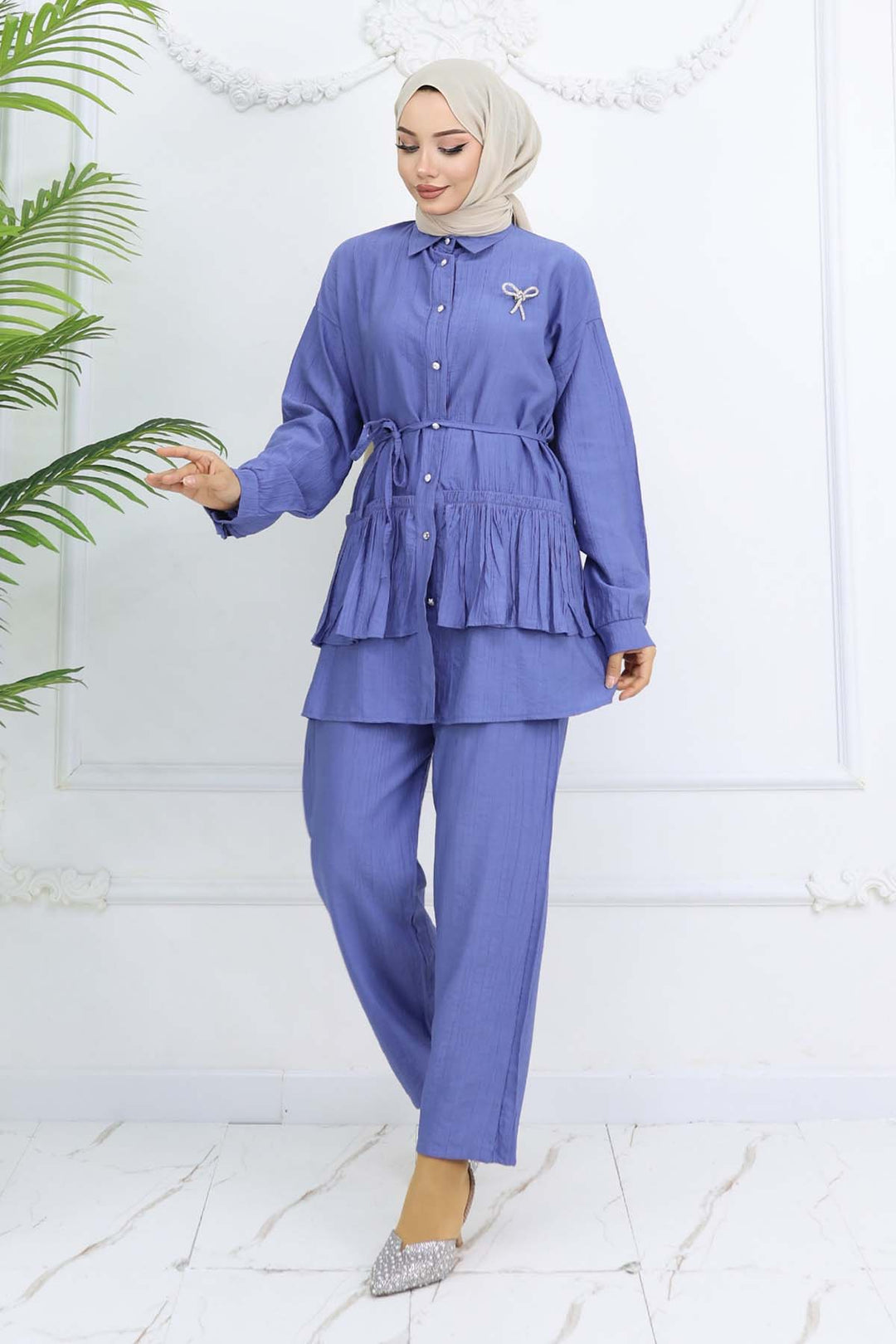 BNG Women Fırfırlı Broş Detaylı İkili Takım İndigo 4793 - Covina