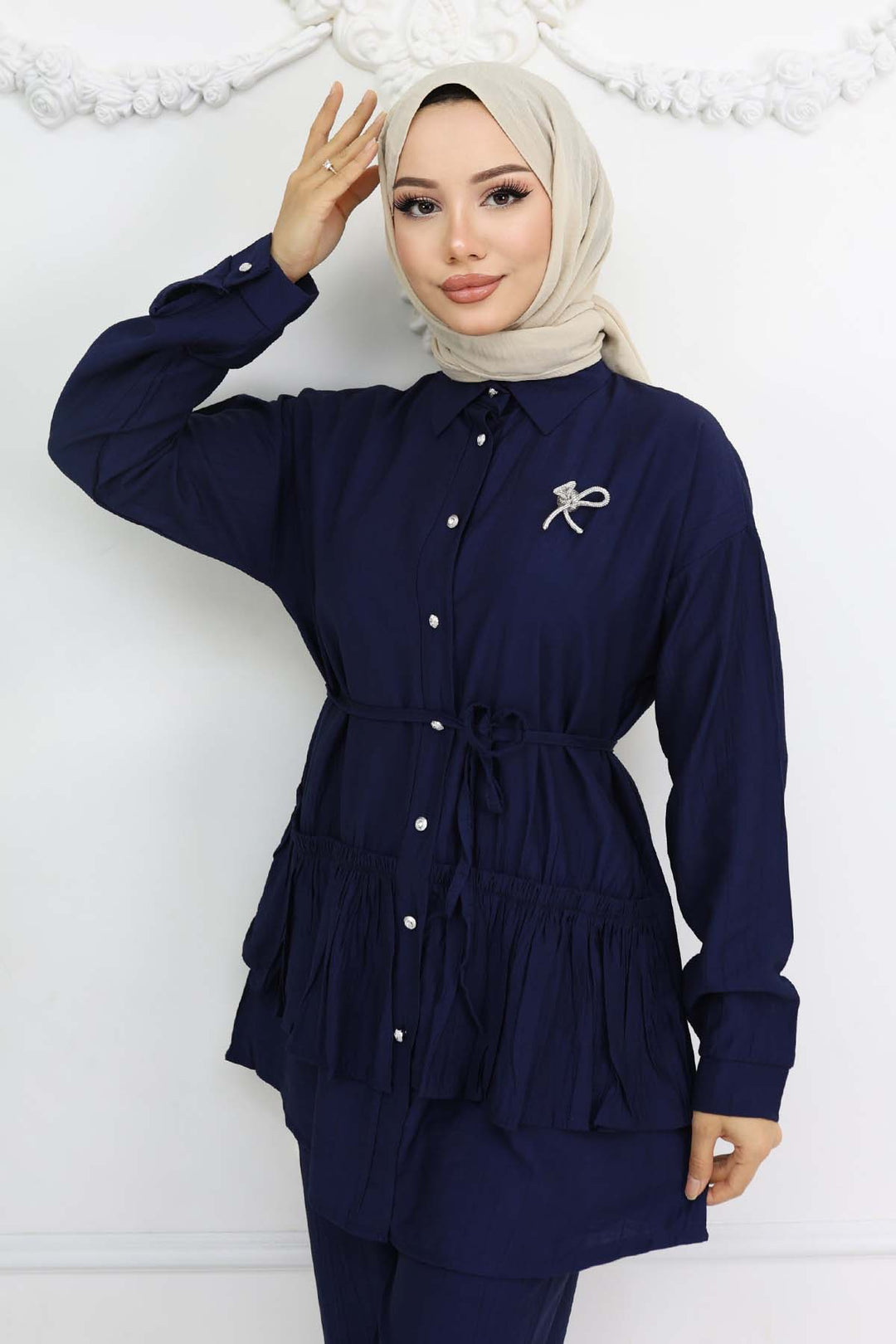 BNG Women Fırfırlı Broş Detaylı İkili Takım Lacivert 4793 - Zhlobin