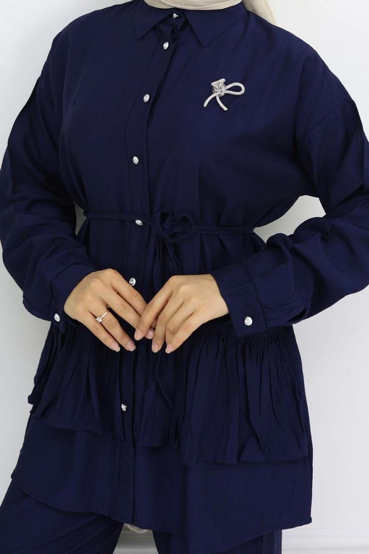 BNG Women Fırfırlı Broş Detaylı İkili Takım Lacivert 4793 - Zhlobin