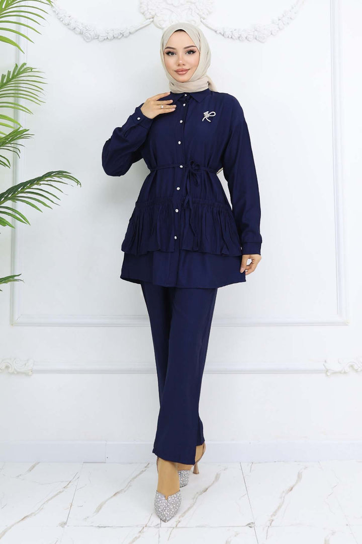 BNG Women Fırfırlı Broş Detaylı İkili Takım Lacivert 4793 - Zhlobin