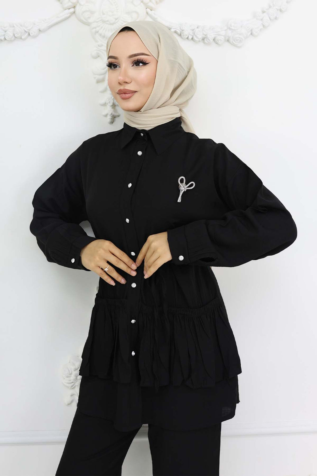 BNG Women Fırfırlı Broş Detaylı İkili Takım Siyah 4793 - Myrnohrad