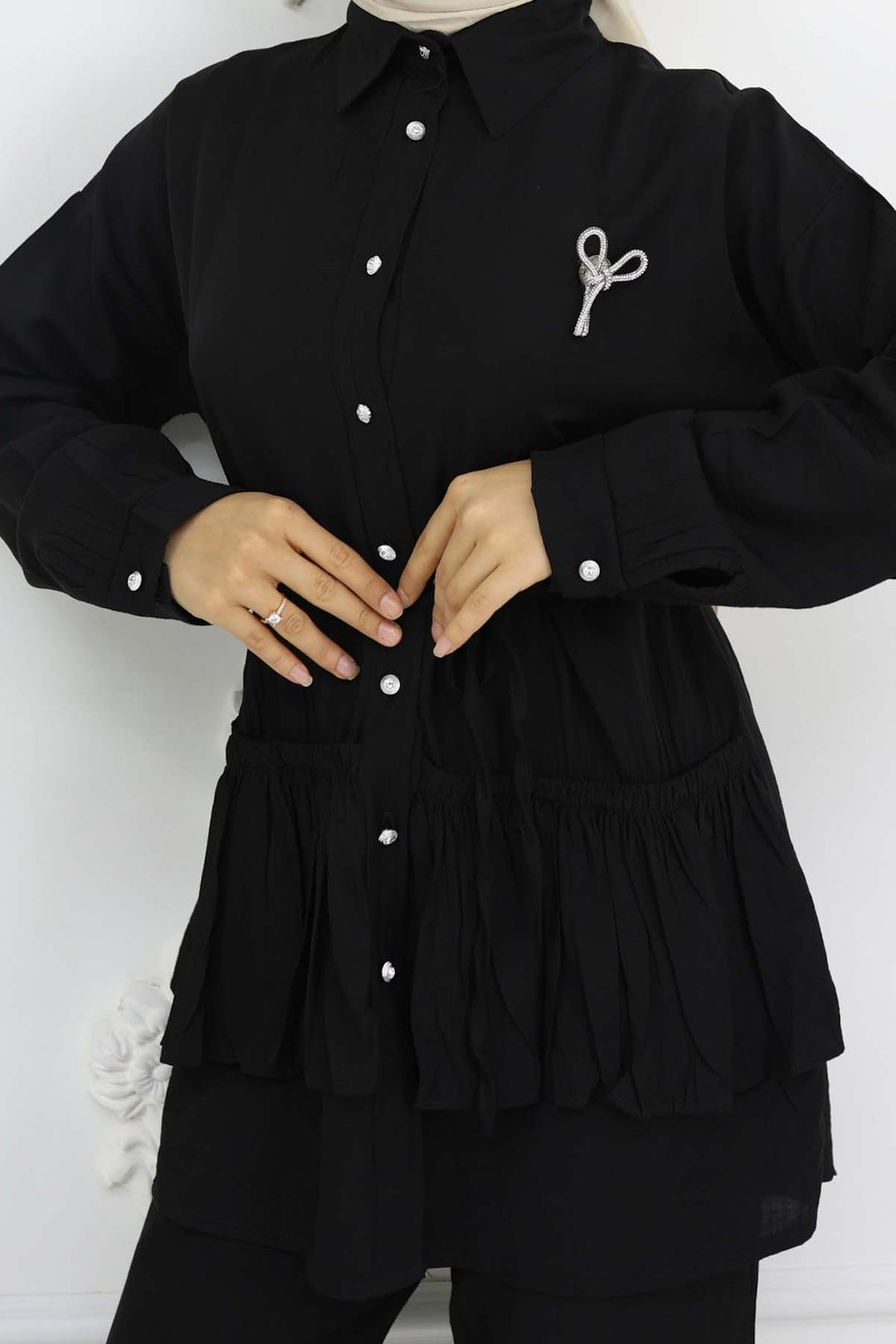 BNG Women Fırfırlı Broş Detaylı İkili Takım Siyah 4793 - Myrnohrad