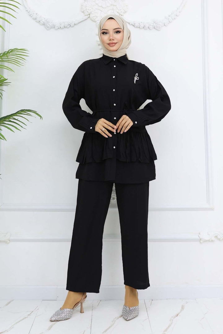 BNG Women Fırfırlı Broş Detaylı İkili Takım Siyah 4793 - Myrnohrad
