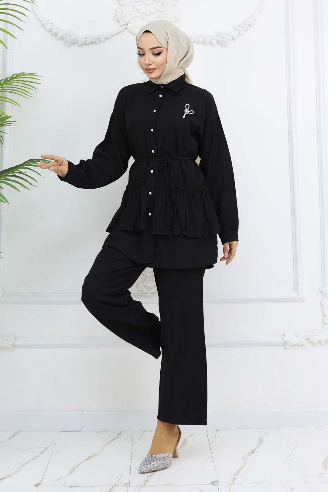 BNG Women Fırfırlı Broş Detaylı İkili Takım Siyah 4793 - Myrnohrad