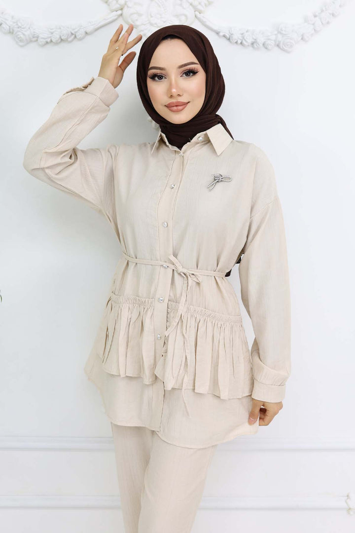 BNG Women Fırfırlı Broş Detaylı İkili Takım Taş Rengi 4793 - Garges-lès-Gonesse