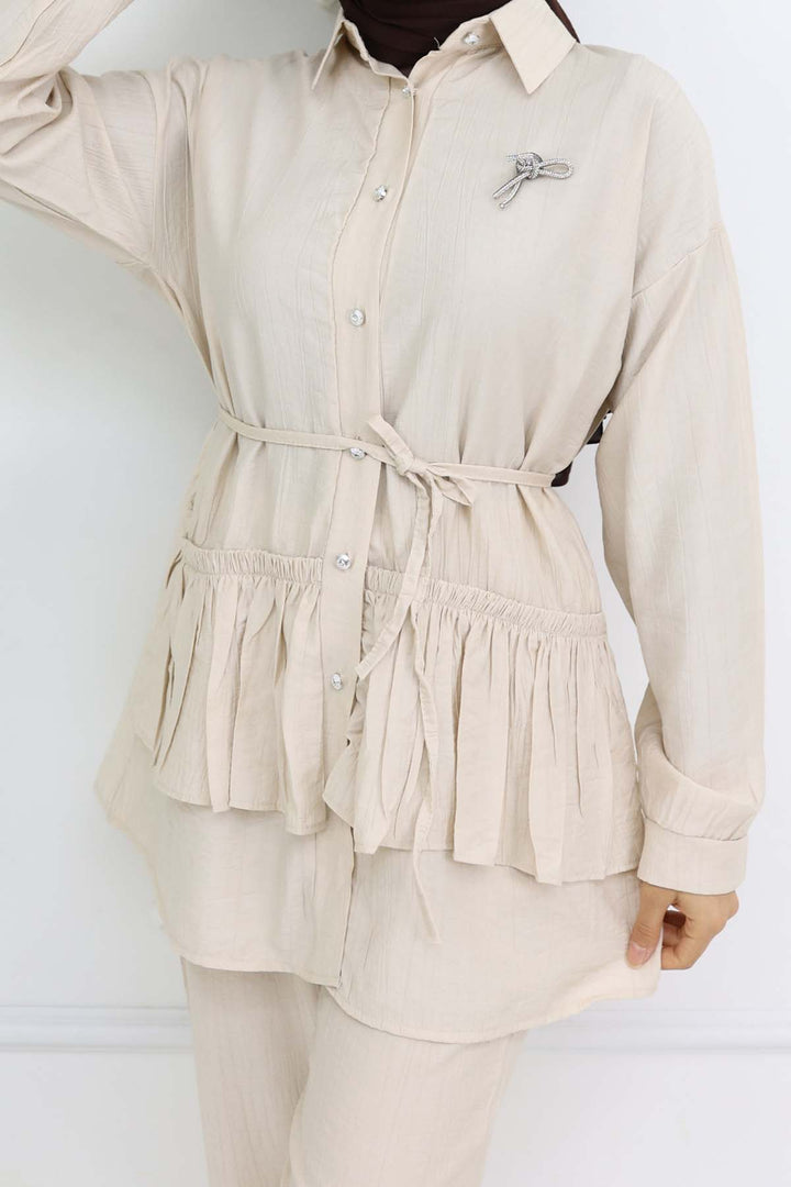 BNG Women Fırfırlı Broş Detaylı İkili Takım Taş Rengi 4793 - Garges-lès-Gonesse