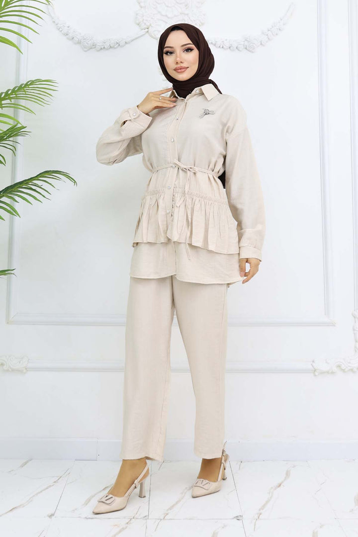 BNG Women Fırfırlı Broş Detaylı İkili Takım Taş Rengi 4793 - Garges-lès-Gonesse