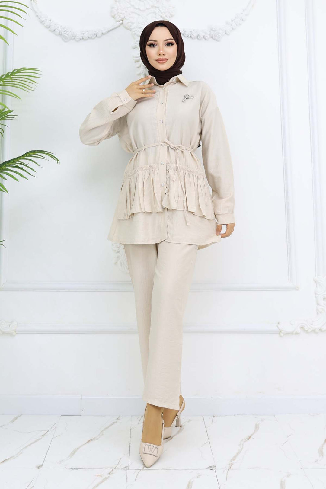 BNG Women Fırfırlı Broş Detaylı İkili Takım Taş Rengi 4793 - Garges-lès-Gonesse