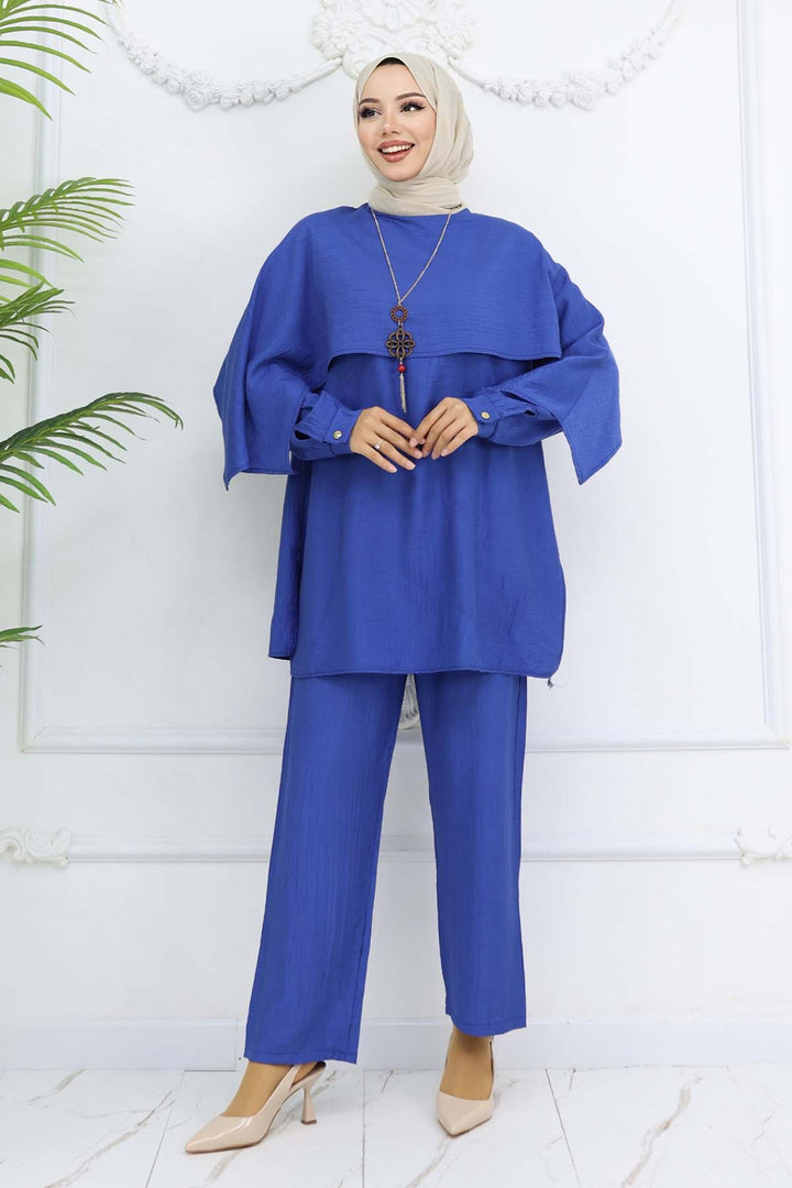 BNG Women Yaka Detaylı Kolyeli Tesettür Takım Saks Mavisi 4808 - Torrevieja