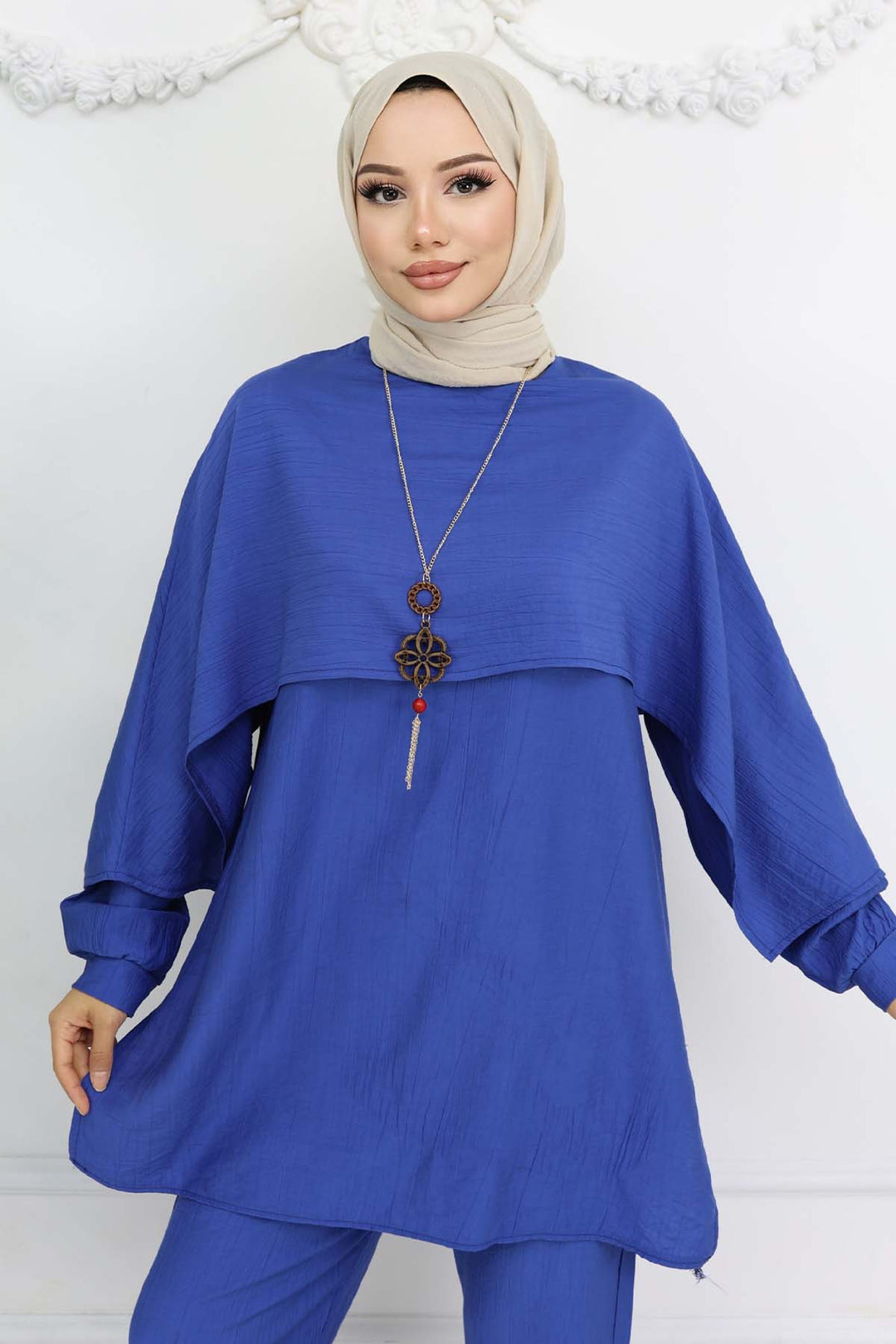 BNG Women Yaka Detaylı Kolyeli Tesettür Takım Saks Mavisi 4808 - Torrevieja