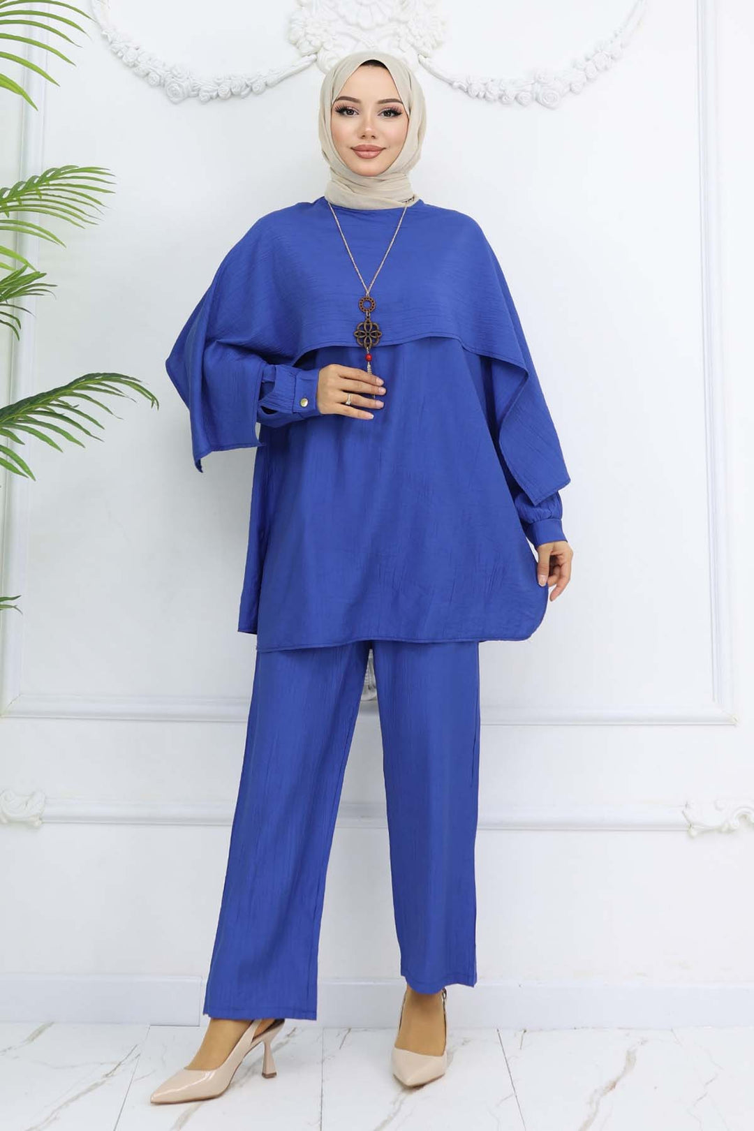 BNG Women Yaka Detaylı Kolyeli Tesettür Takım Saks Mavisi 4808 - Torrevieja