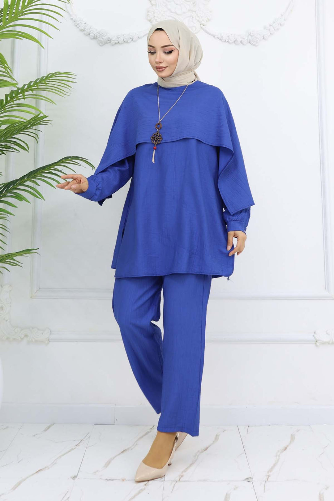BNG Women Yaka Detaylı Kolyeli Tesettür Takım Saks Mavisi 4808 - Torrevieja