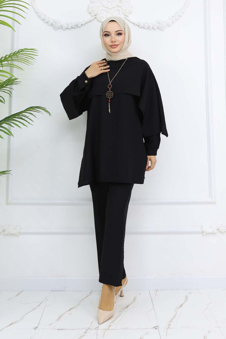 BNG Women Yaka Detaylı Kolyeli Tesettür Takım Siyah 4808 - Olbia