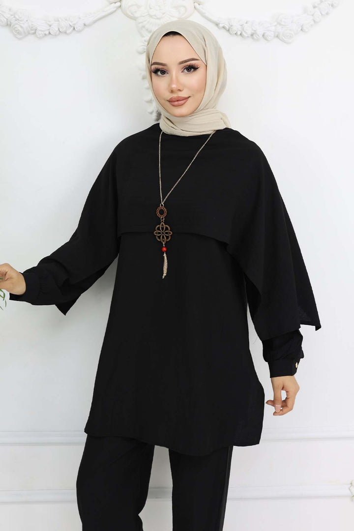 BNG Women Yaka Detaylı Kolyeli Tesettür Takım Siyah 4808 - Olbia